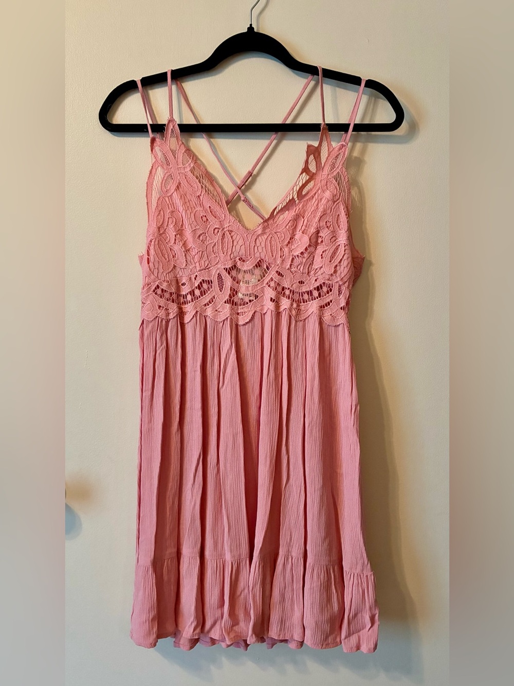 Altar'd State Pink Lace Slip Dress CrissCross Back Empire Boho Fairy Coquette M